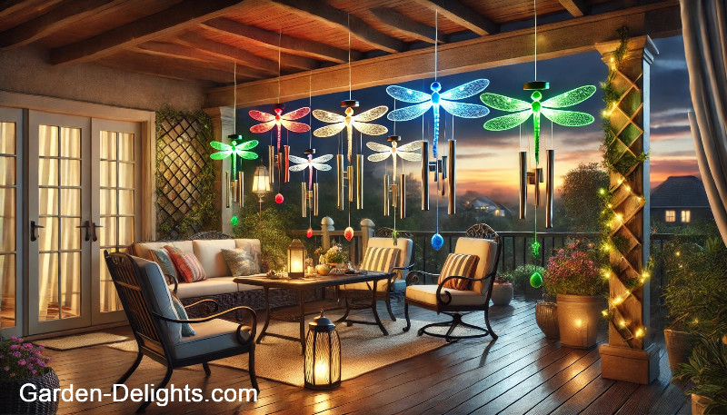 solar powered dragonfly wind chimes with colorful LED lighting on deck, outdoor solar lights, LED night light for outdoor.