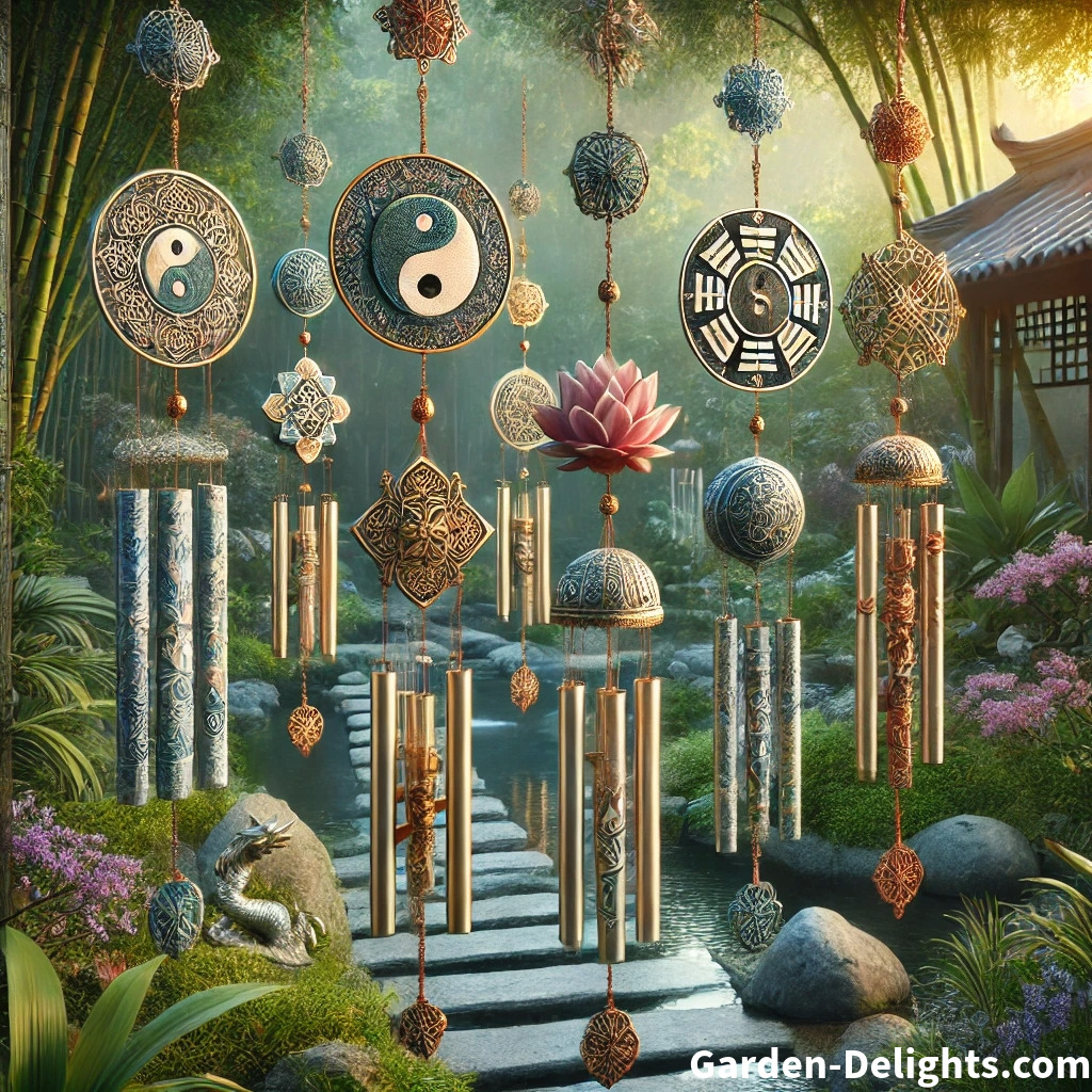  🌬️ Spiritual wind chimes with 🌀 Feng Shui, 🌸 Japanese garden, and 🕉️ Indian religious symbols over stones in water 💧.