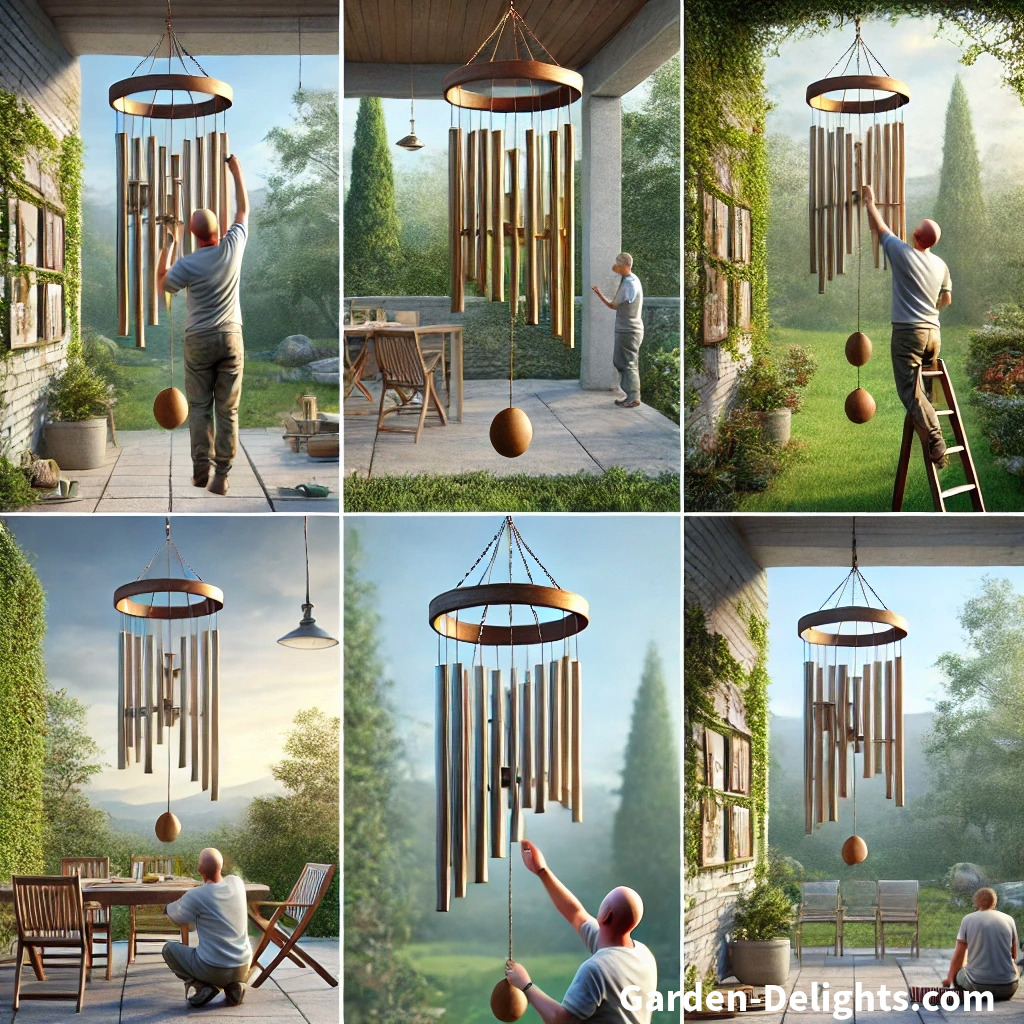  People placing wind chimes 🎶 near a patio seating area 🌿, in a garden 🌳, and by a window 🏡, optimizing sound 🌬️ and ambiance under soft sunlight ☀️.