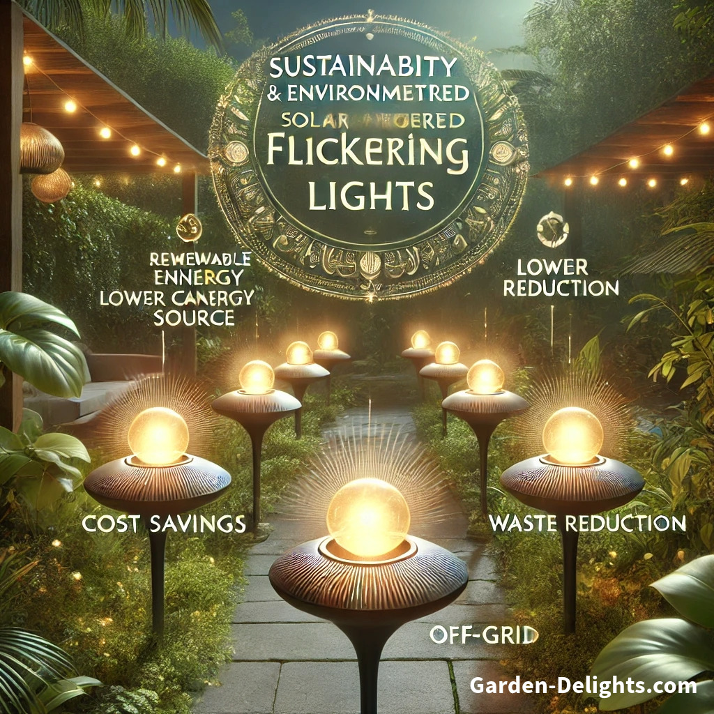  Sustainable and energy-efficient outdoor solar-powered flickering flame lights, renewable energy design, cartoon-style illustration.