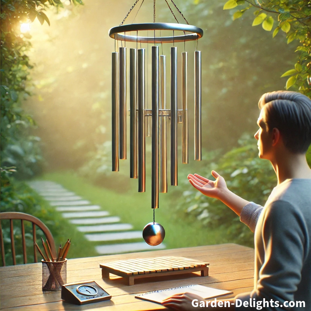 Person testing a metal wind chime 🎶 hanging on a stand 🌿 in a tranquil garden with a notepad nearby ✏️.