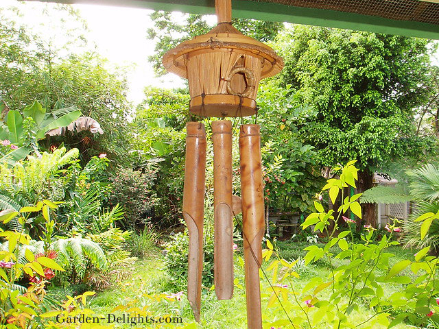  Hanging wooden tiki hut with long bamboo reeds wind chime. wooden windchimes,outdoor windchimes.