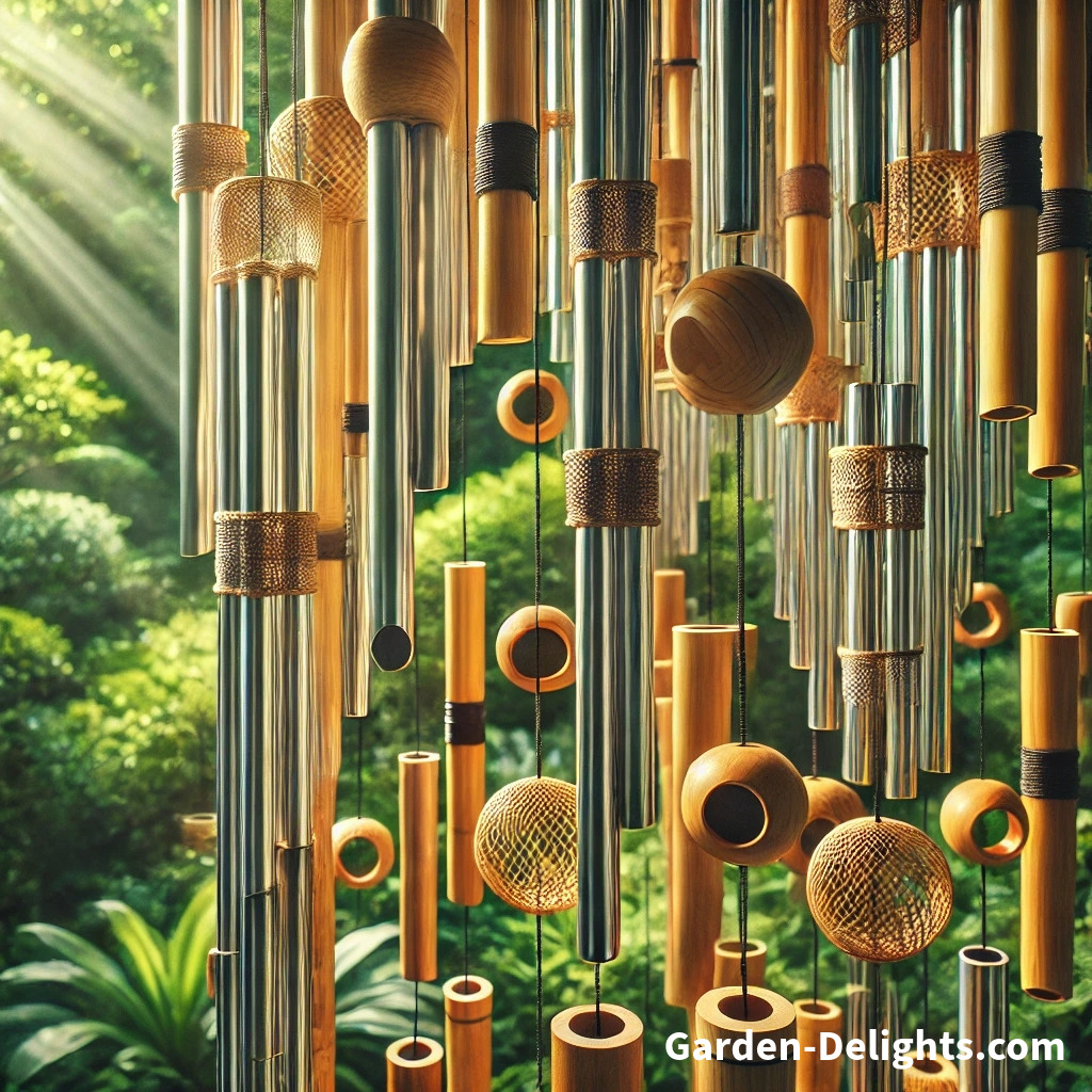  Close-up of tubular wind chimes 🌬️ in metal, wood, and bamboo, with wind-catching tails 🌿. Lush garden 🌸 in the background with sunlight filtering through leaves. 🎶