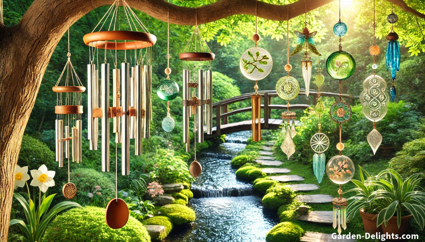  🎐 Aluminum, glass, and wooden wind chimes hang from a tree branch 🌳 over a peaceful creek 🌊 with a curved bridge, creating a tranquil garden ambiance filled with soothing tones 🎵.