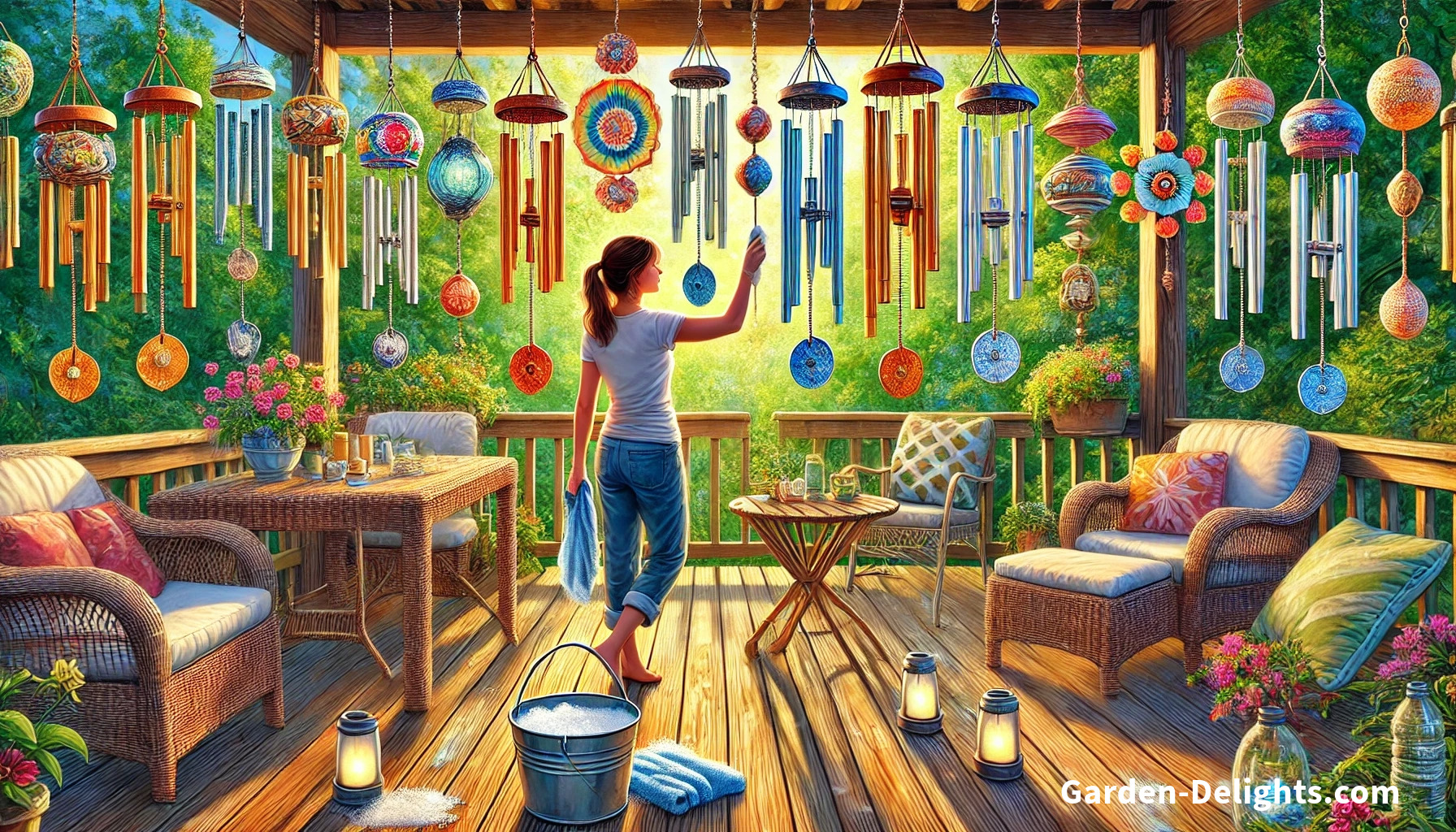  Girl cleaning decorative wind chimes, showcasing tips for wind chime care and maintenance.