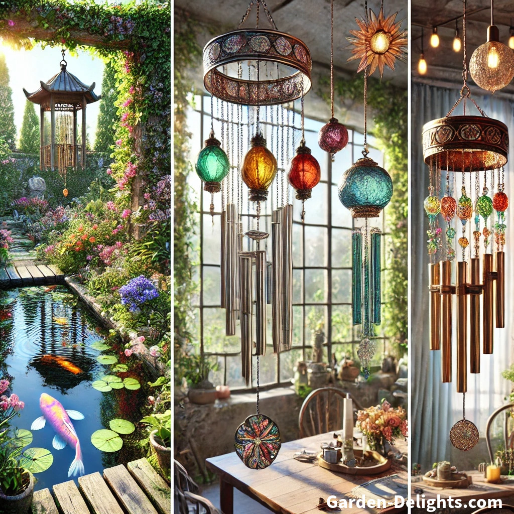 🌿 Wind chimes in artistic settings: metallic chimes by a koi pond 🌊, glass chimes near a sunlit window 🌞, and earthy chimes with ivy and fairy lights 🌟 on a trellis. 