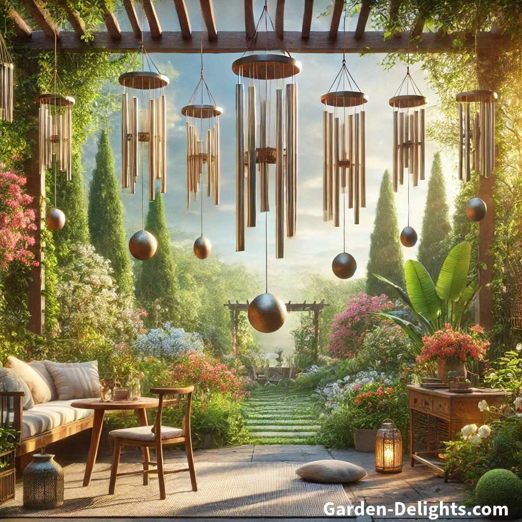  🌿 Wind chimes hung at varying heights 📏 in a serene garden, crafted from metal 🔩 and bamboo 🌱. Surrounded by greenery 🌸 and sunlight 🌞, the setup enhances sound clarity 🎶 and harmony ✨.