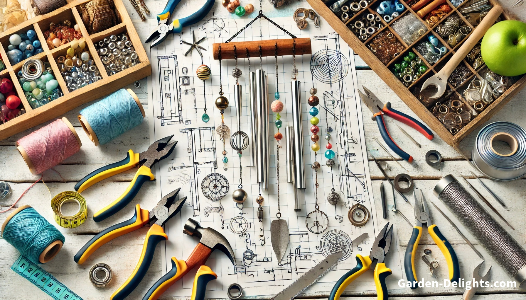 Wind chimes on a table with tools and materials for maintenance