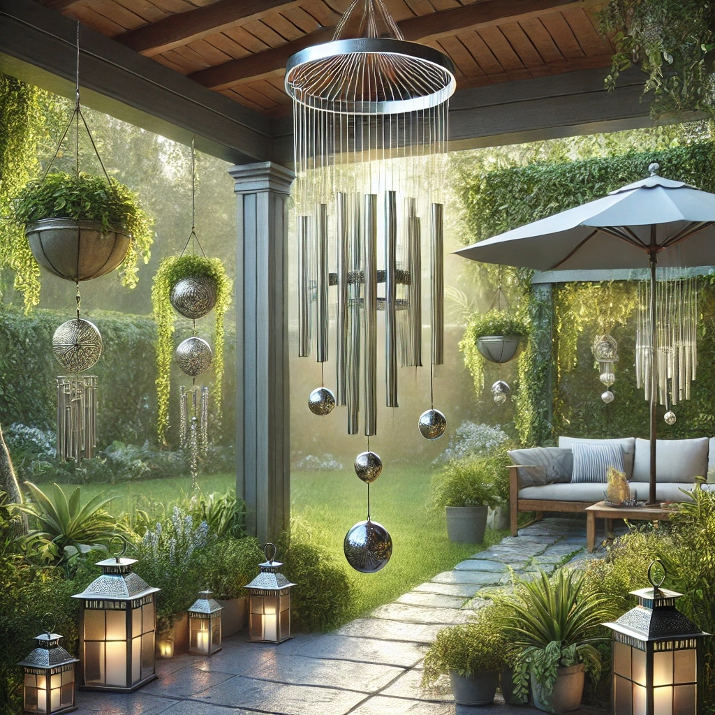 🌳 Weather-resistant wind chimes 🏡 hanging under a patio and from a tree 🌿, paired with solar lights 🌞 and vibrant plants 🌺 in a serene garden setup 🌤️, emphasizing thoughtful placement to avoid moisture and enhance outdoor charm.