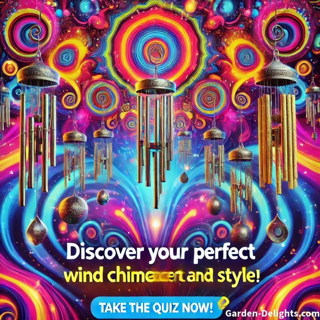 🌈 A vibrant, psychedelic design with neon colors 🎨, swirling patterns, and wind chimes 🎶. Bold text invites, Discover Your Perfect Wind Chime Style! ✨ Take the Quiz Now!