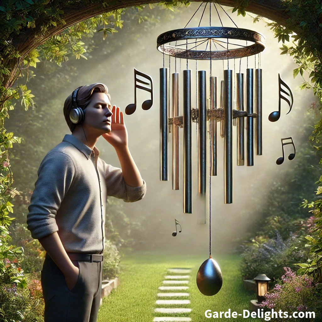  Person in a tranquil garden 🌳, cupping their ear 👂 to hear the soothing tones of a metal wind chime 🎶. Music notes float in the air, symbolizing sound clarity.