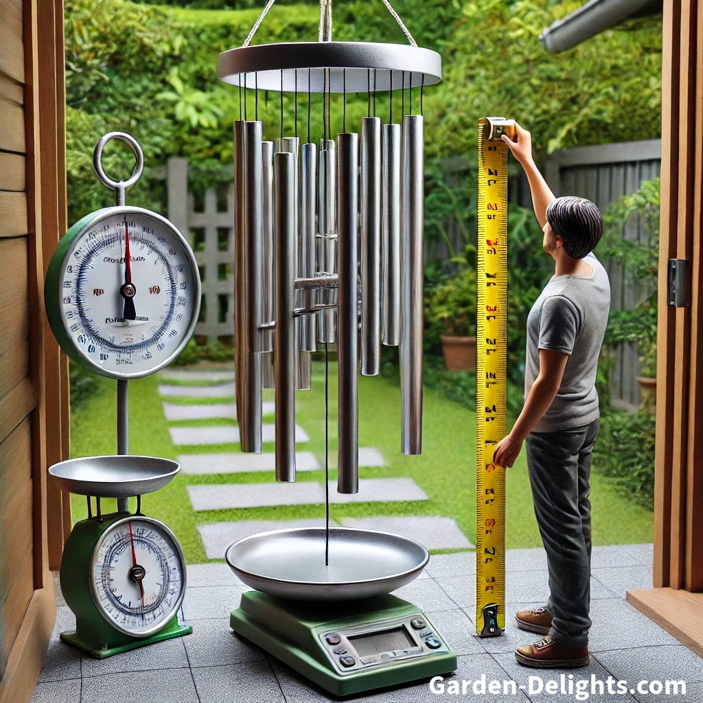  Person measuring a metal wind chime 🎵 with a tape measure 📏 on a patio, alongside a weight scale ⚖️ and barometer ☀️. The lush garden 🌳 in the background highlights outdoor suitability and weather performance.