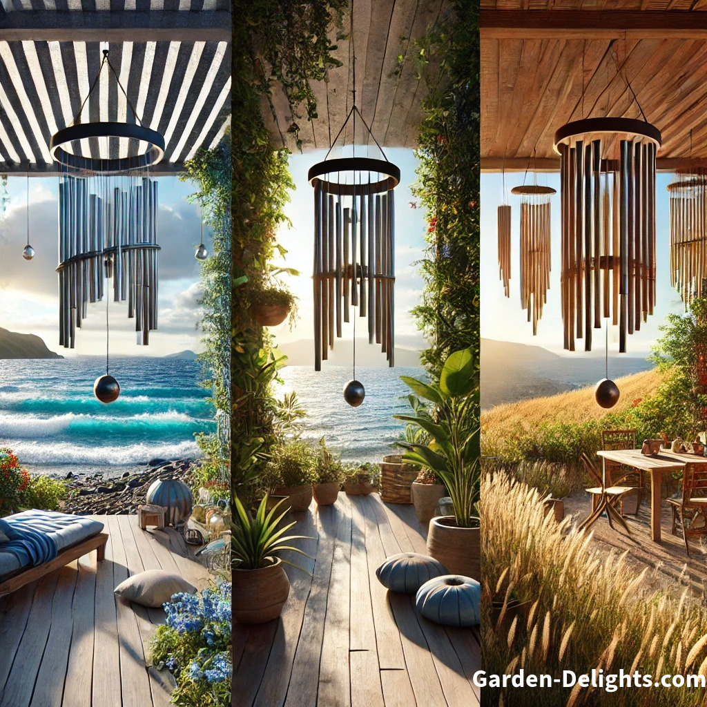 🌿 Wind chimes in varied settings: metal chimes by the sea 🌊, bamboo chimes on a balcony 🌇, and wooden chimes on a windy hillside 🌬️