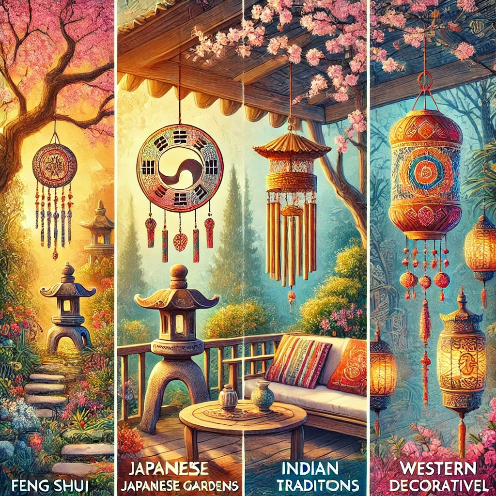 Wind chimes symbolizing cultural and spiritual significance in Feng Shui and other traditions.