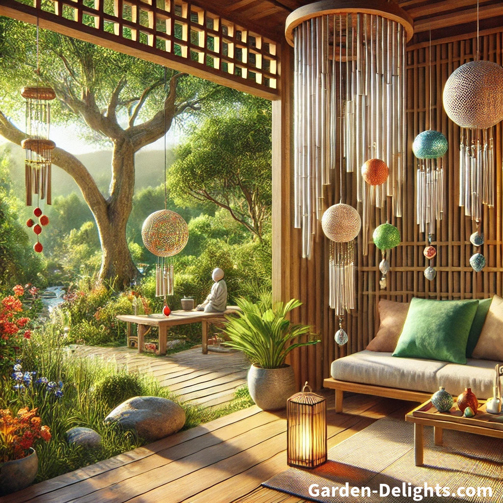 Serene scene with bamboo 🎋, metal 🔔, and glass 🌟 wind chimes in a Zen garden 🧘‍♀️ and patio 🏡, surrounded by greenery 🌿 and flowers.