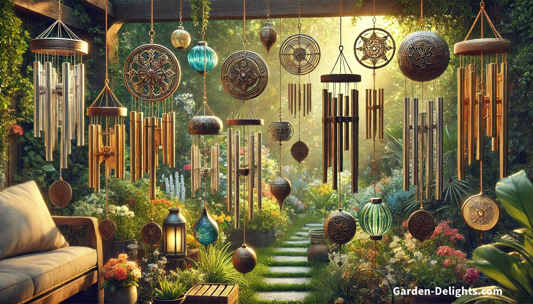  Assorted wind chimes made of bamboo, metal, aluminum, and glass hanging in a gazebo, with a pathway running through, creating a serene garden atmosphere.