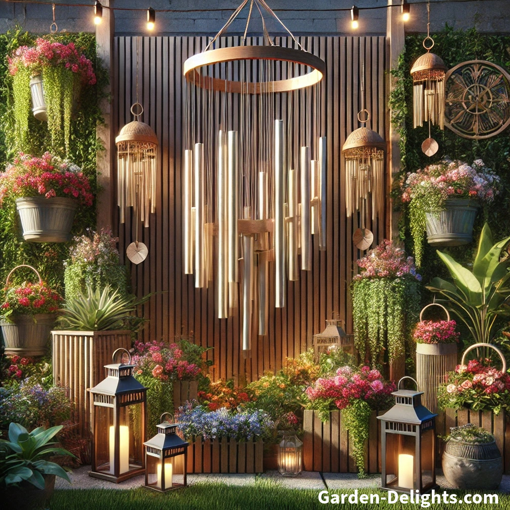  🌸 Eye-level wind chimes hung in a vibrant garden 🌿, surrounded by flowering plants 🌺, solar-powered string lights ✨, and decorative lanterns 🏮, creating a harmonious and visually appealing setup.