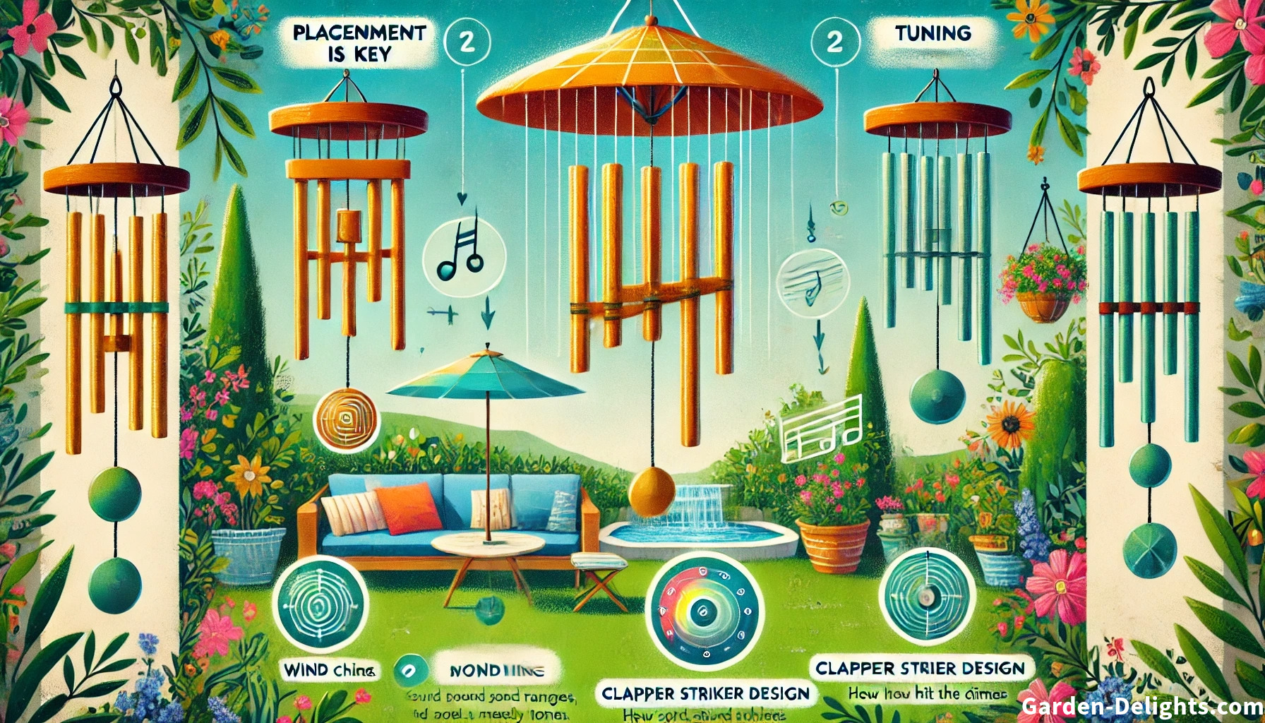  🎐 Illustration of wind chimes focusing on placement near 💧 water features, 🌸 garden seating areas, 🌳 shaded spots, and 🌬️ open windy areas, along with details on tuning 🎵 and clapper striker design for enhanced garden decor and sound quality.