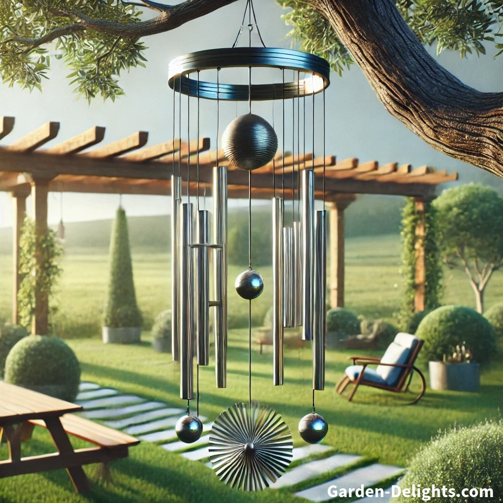  🌬️✨ Wind chimes hanging gracefully under a tree 🌳, overlooking lush greenery 🌾, capturing breezes for harmonious melodies 🎶 and adding charm to the natural surroundings. 🪁