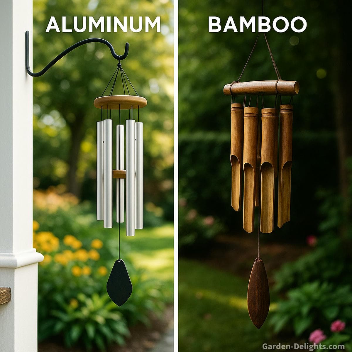 Aluminum and bamboo wind chimes shown in complementary garden settings metal chimes shining in bright airflow and bamboo chimes placed in shaded natural corners for balanced sound and symbolism