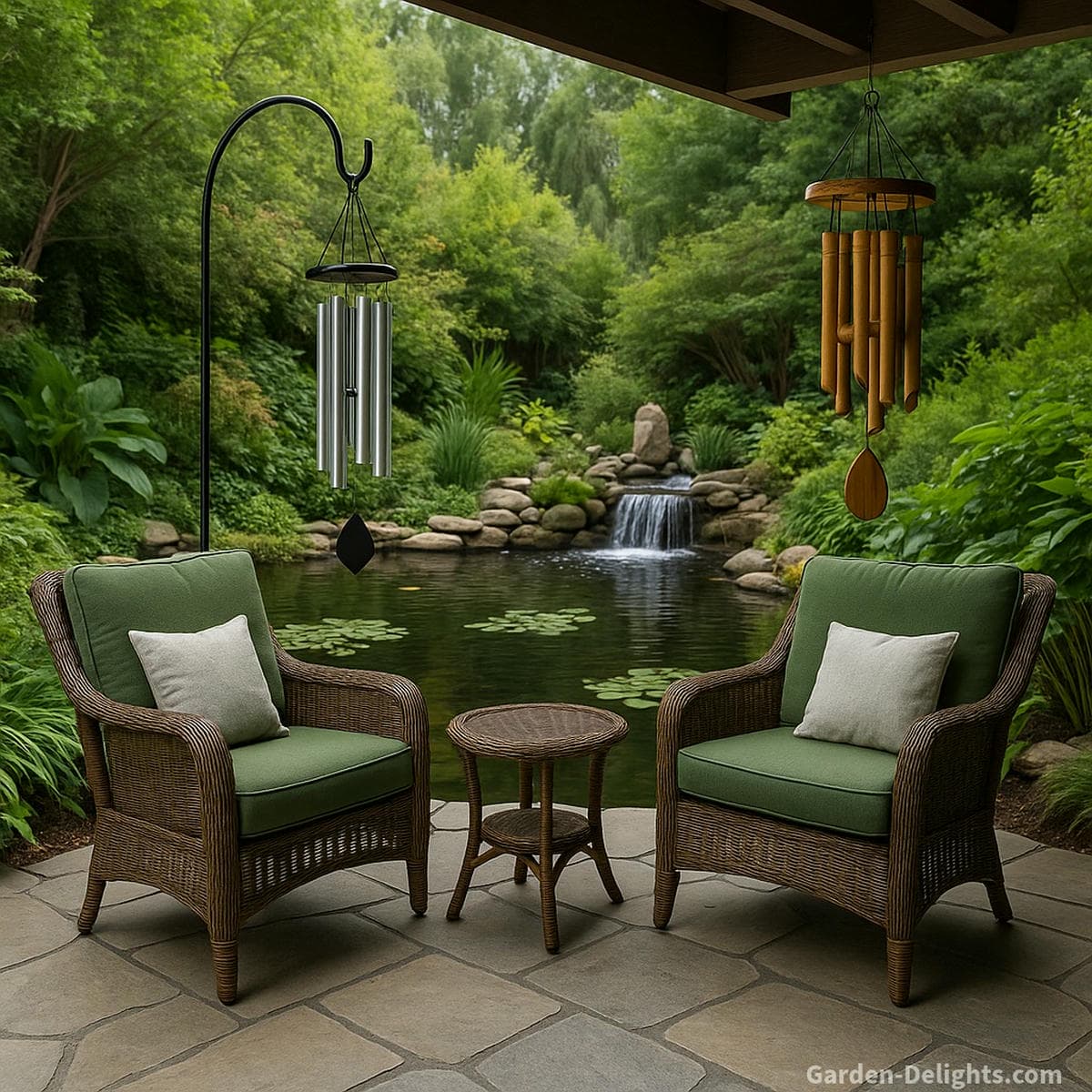 Aluminum and bamboo wind chimes displayed in a peaceful patio overlooking a garden pond and waterfall aluminum hanging from a decorative shepherd’s hook and bamboo suspended from a roof overhang for a clear style, sound, and Feng Shui energy comparison