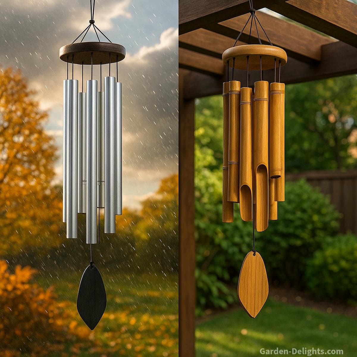 Aluminum wind chimes hanging in open sun and breeze, contrasted with bamboo wind chimes sheltered under a pergola showing ideal placement for weather durability, seasonal care, and long-lasting outdoor sound