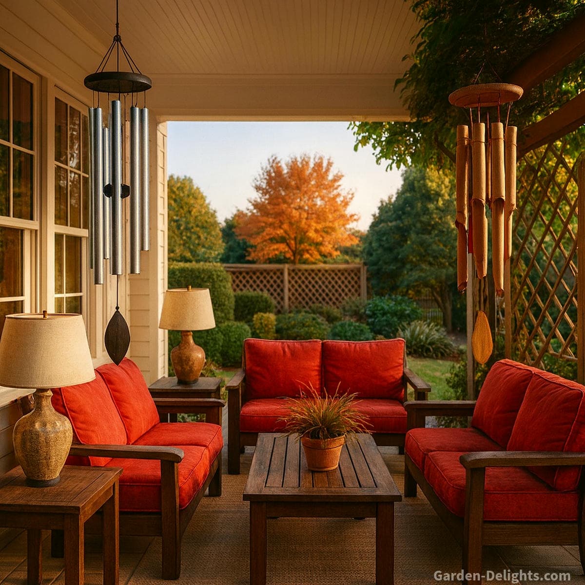 Aluminum and bamboo wind chimes hanging on opposite sides of a cozy covered porch with wicker furniture, red cushions, warm evening light, and a wooden trellis illustrating weather durability, sound differences, and elemental energy balance between metal and bamboo.