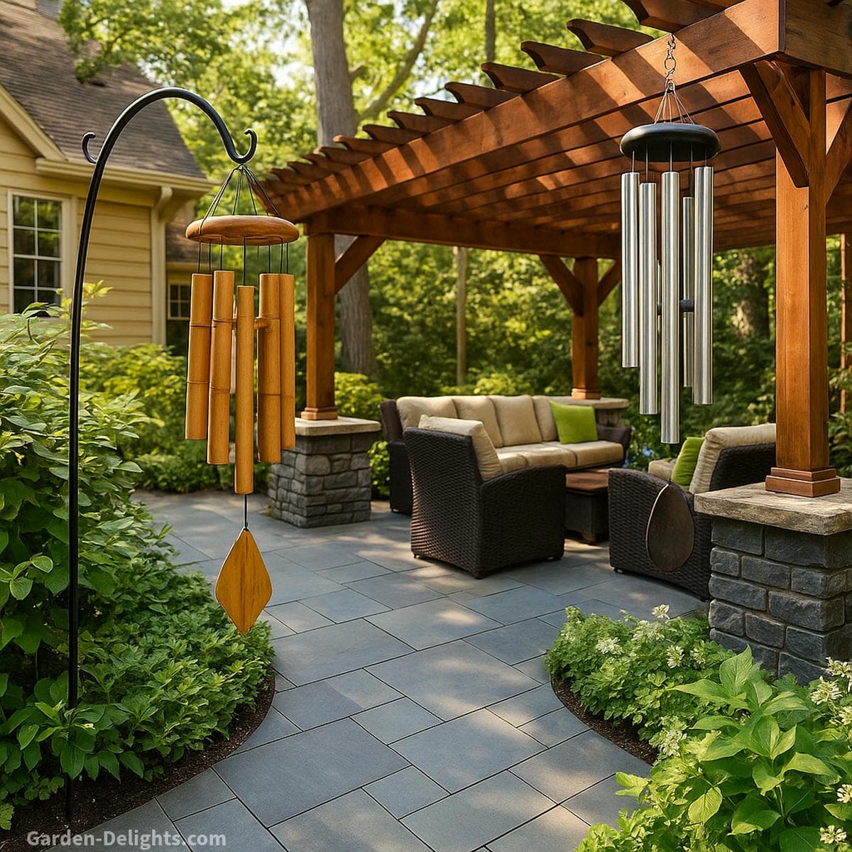 Aluminum wind chimes hanging from a wooden pergola and bamboo wind chimes suspended from a shepherd’s hook in lush garden greenery illustrating their contrasting sound resonance, airflow movement, and calming energy in a peaceful outdoor meditation setting.