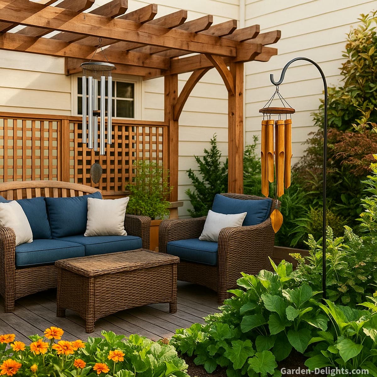 Aluminum wind chimes hanging from a wooden pergola above a cozy patio with wicker seating and blue cushions, alongside bamboo wind chimes on a decorative shepherd’s hook in lush garden beds highlighting contrasting metal clarity and wood-element rhythm in a peaceful deck meditation space.