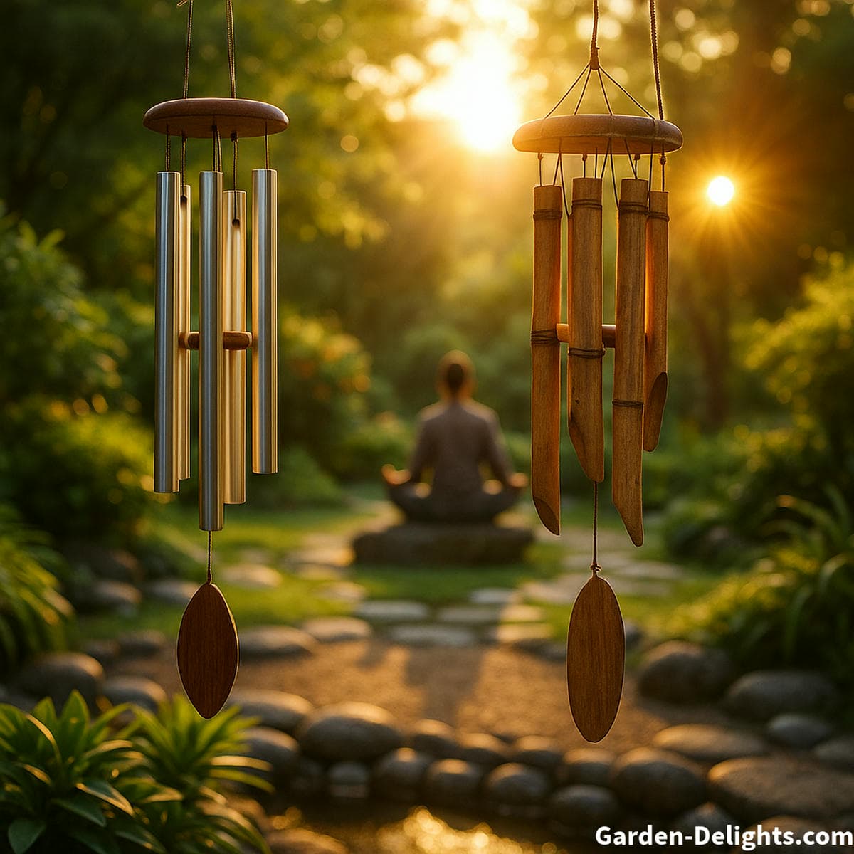aluminum and bamboo wind chimes in garden with steady airflow showing metal resonance and soft bamboo tone for balanced outdoor sound and feng shui harmony