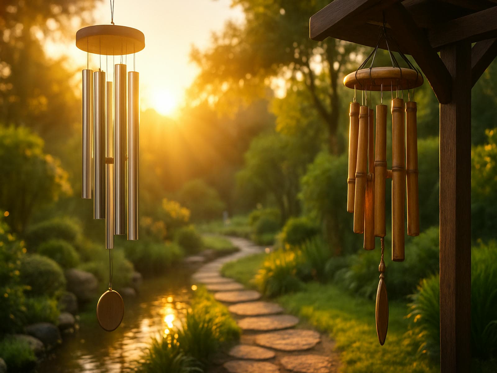 Beautiful sunrise over a peaceful garden path with bamboo and aluminum wind chimes swaying on opposite sides, symbolizing balance, sound, and natural harmony.
