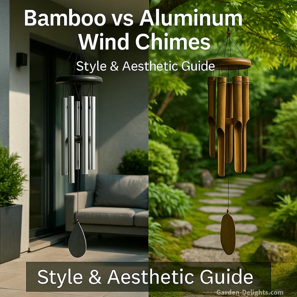 modern aluminum wind chimes on patio and bamboo chimes in zen garden showing style contrast and decor mood differences
