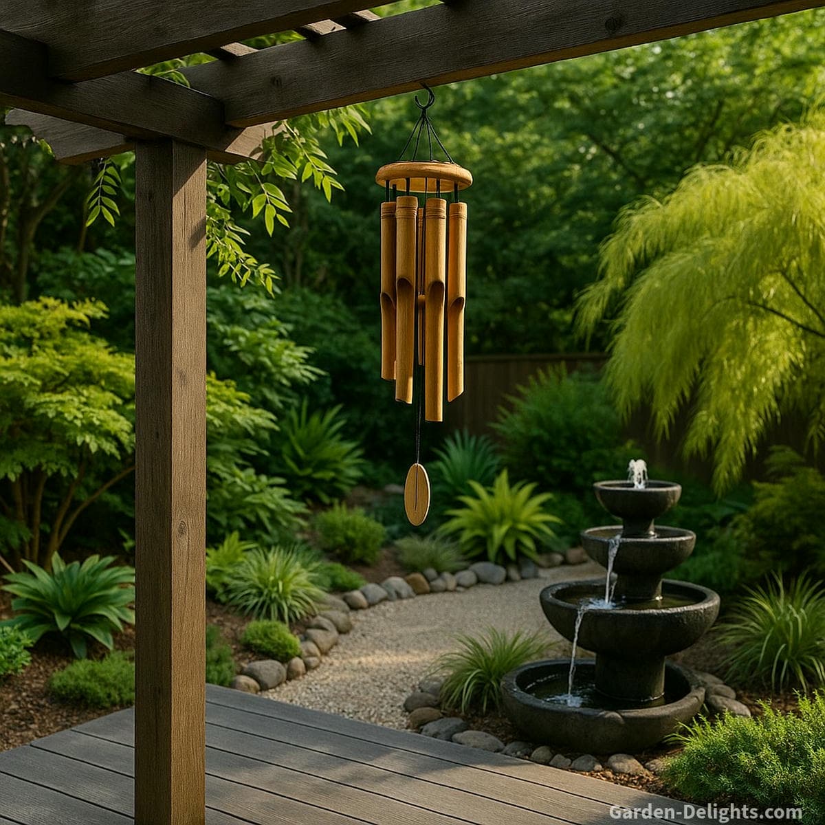 Bamboo wind chimes hanging from a shaded wooden pergola above a grey garden deck, overlooking a Zen-style landscape with layered stone fountains, lush greenery, and peaceful meditation-friendly foliage symbolizing natural resonance, wood-element healing energy, and weather-protected outdoor durability.