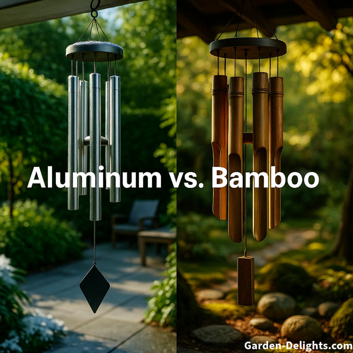 aluminum wind chimes in sun and bamboo chimes in shade showing durability weather resistance and outdoor longevity comparison