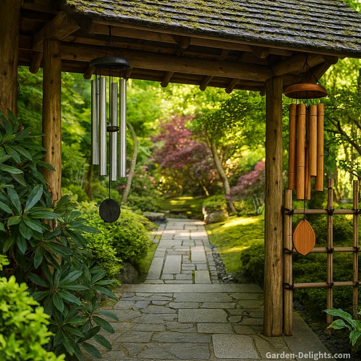 Feng Shui garden scene showing aluminum wind chimes in a West-facing Metal zone and bamboo wind chimes in an East-facing Wood zone, illustrating balanced Chi flow, outdoor energy harmony, and dual-element placement