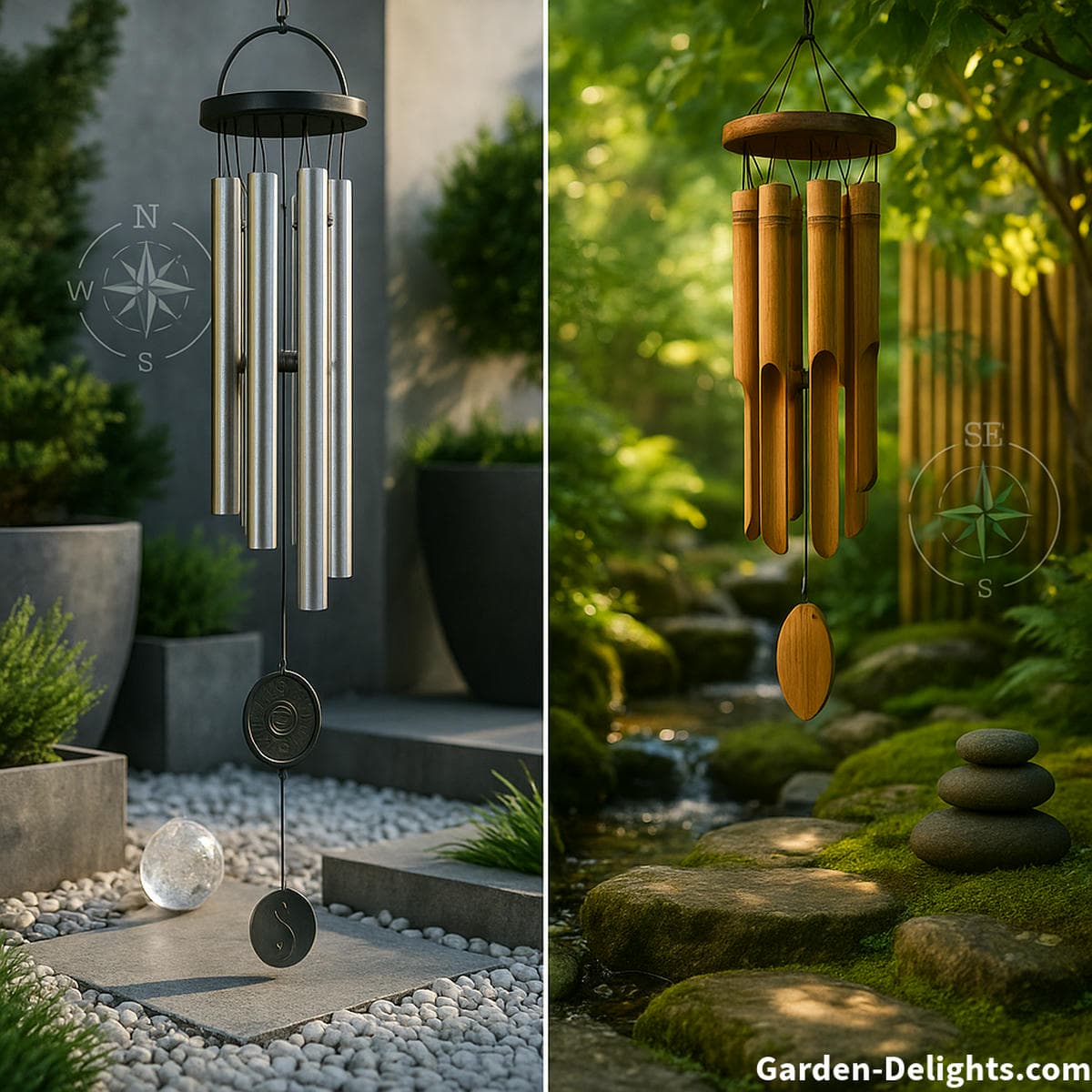 feng shui placement of bamboo and aluminum wind chimes showing wood and metal element directional energy flow in garden