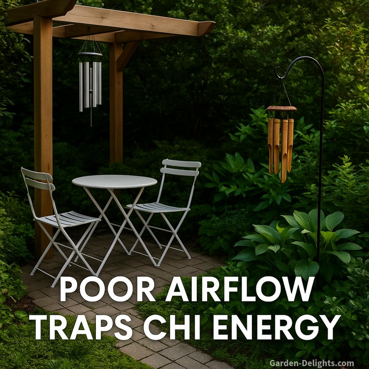 Aluminum wind chime hanging under a small pergola beside a white bistro table set, with bamboo wind chimes on a shepherd’s hook surrounded by lush vegetation and a text overlay reading ‘Poor Airflow Traps Chi Energy,’ symbolizing stagnant Chi, muted resonance, and Feng Shui imbalance