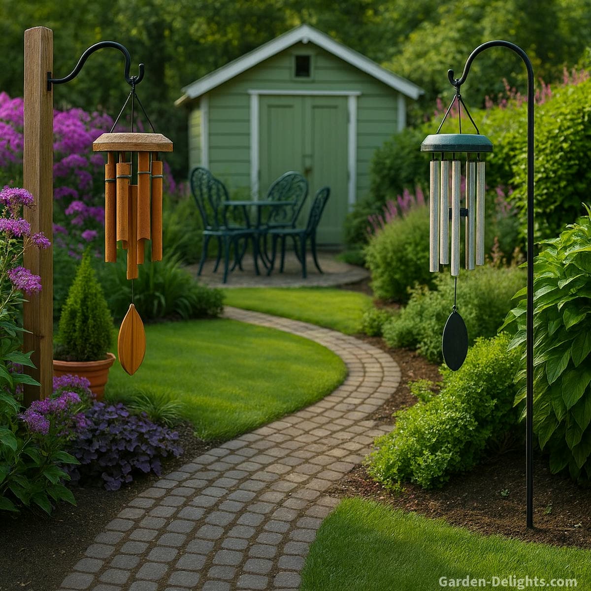 Aluminum wind chimes on a decorative shepherd’s hook set in garden vegetation and bamboo wind chimes hanging from a wooden post near the flower beds, showing optimal Feng Shui placement for Chi flow, Metal-element clarity, Wood-element grounding, and balanced garden ambience.