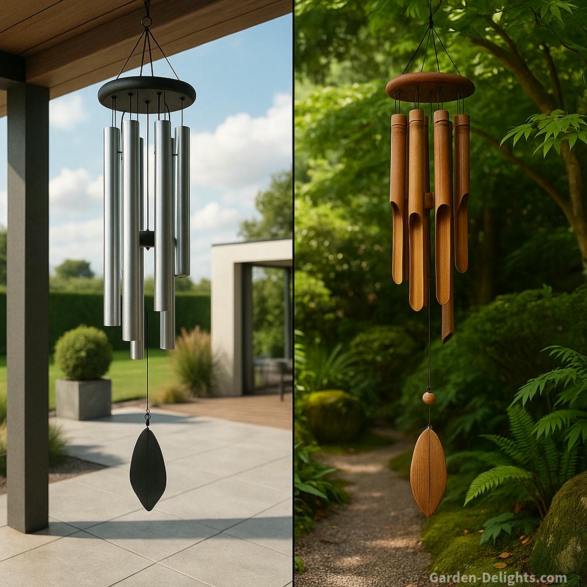 aluminum wind chimes in open patio and bamboo wind chimes in shaded garden showing best use cases based on airflow and environment