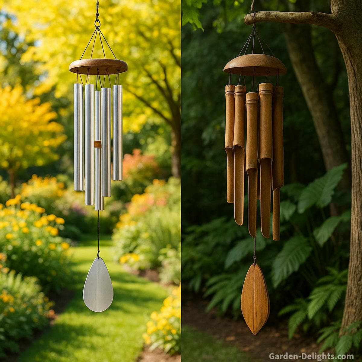 Aluminum and bamboo wind chimes displayed in a seasonal-transition garden aluminum hanging in bright sun for year-round durability, and bamboo sheltered under soft shade to extend lifespan and protect natural tone, symbolizing climate compatibility, care needs, and long-term sound harmony