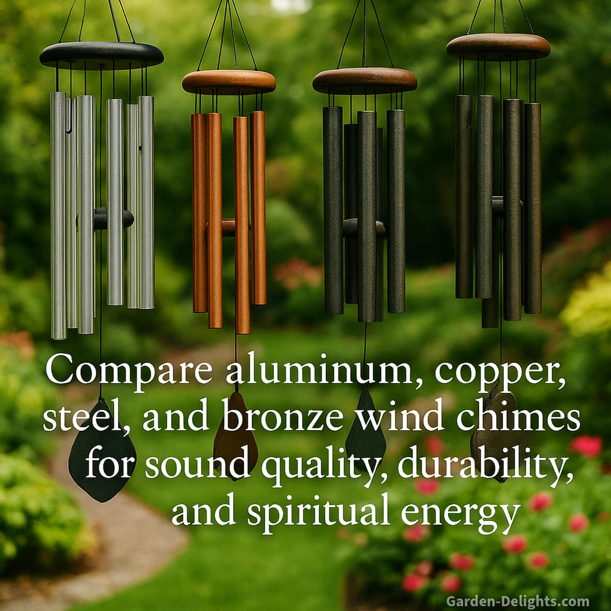 Aluminum, copper, steel, and bronze wind chimes hanging in a tranquil garden each symbolizing a unique sound quality, spiritual meaning, and level of outdoor durability