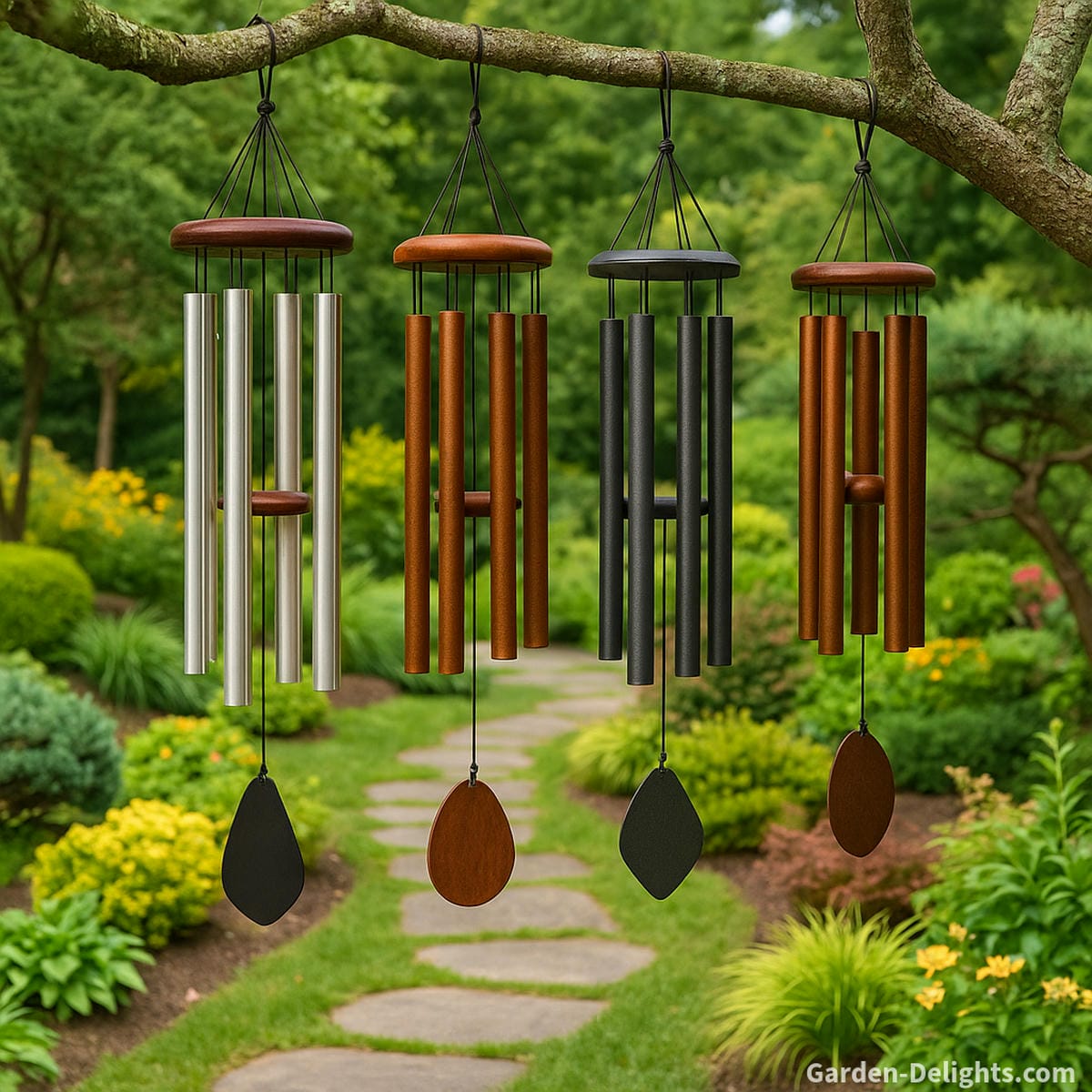 aluminum vs copper and steel wind chimes comparison showing differences in tone resonance durability and outdoor performance in garden setting