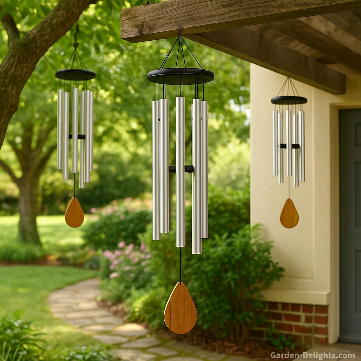 Symbolic placement of aluminum wind chimes in garden trees, pergolas, and entryways enhancing sound resonance, chi flow, and outdoor emotional harmony