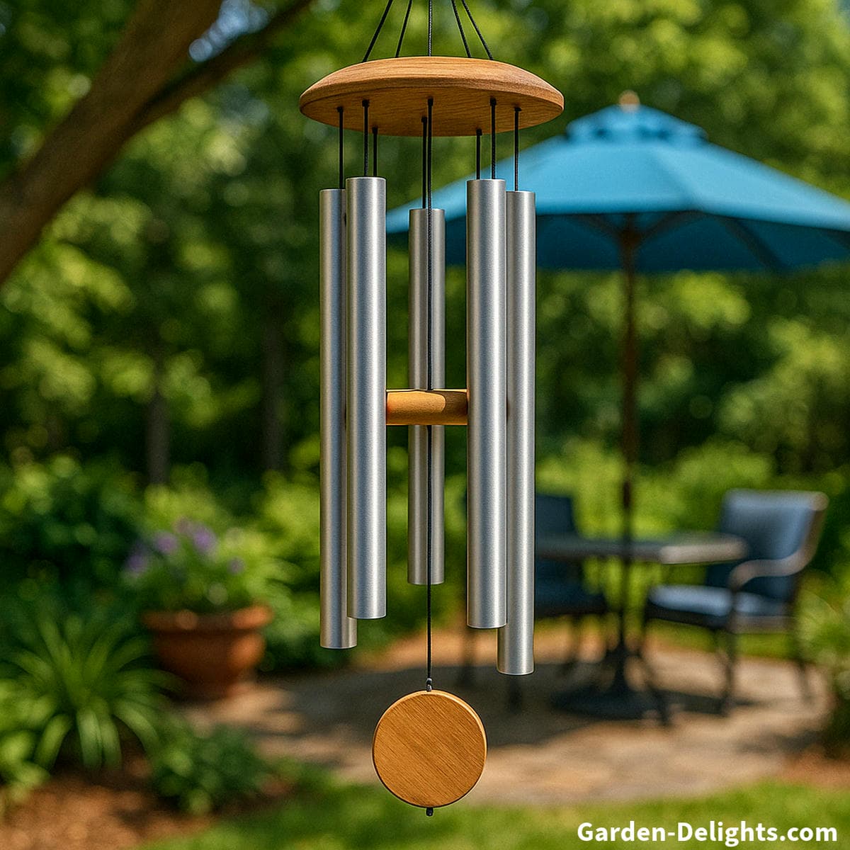 Deep tone aluminum wind chines swaying in a serene garden, symbolizing harmony, clarity, and acoustic depth
