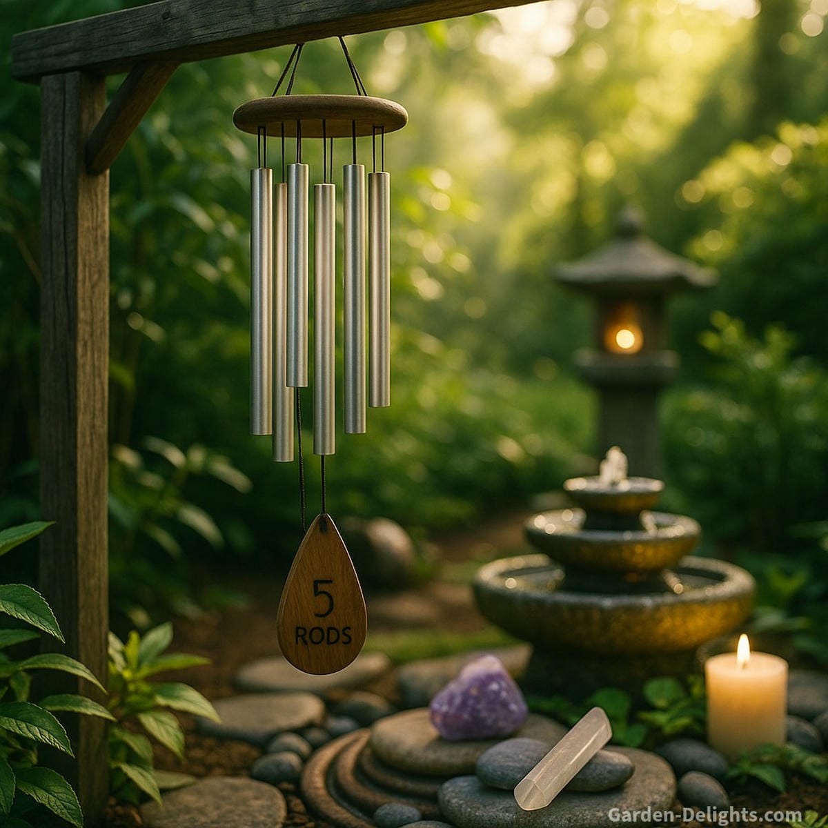 Aluminum wind chimes gently swaying in a peaceful Zen garden with soft sunlight and healing crystals nearby, symbolizing energy cleansing and Chi alignment