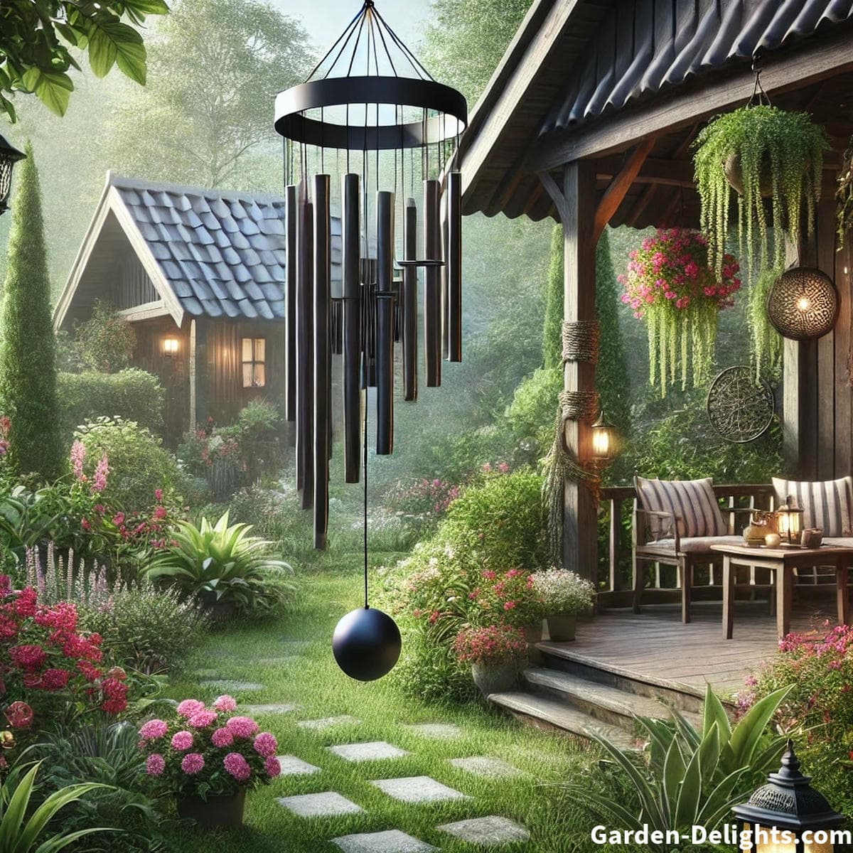 black aluminum wind chimes in rustic garden airflow producing deep resonant tone smooth sustain and calming outdoor sound presence