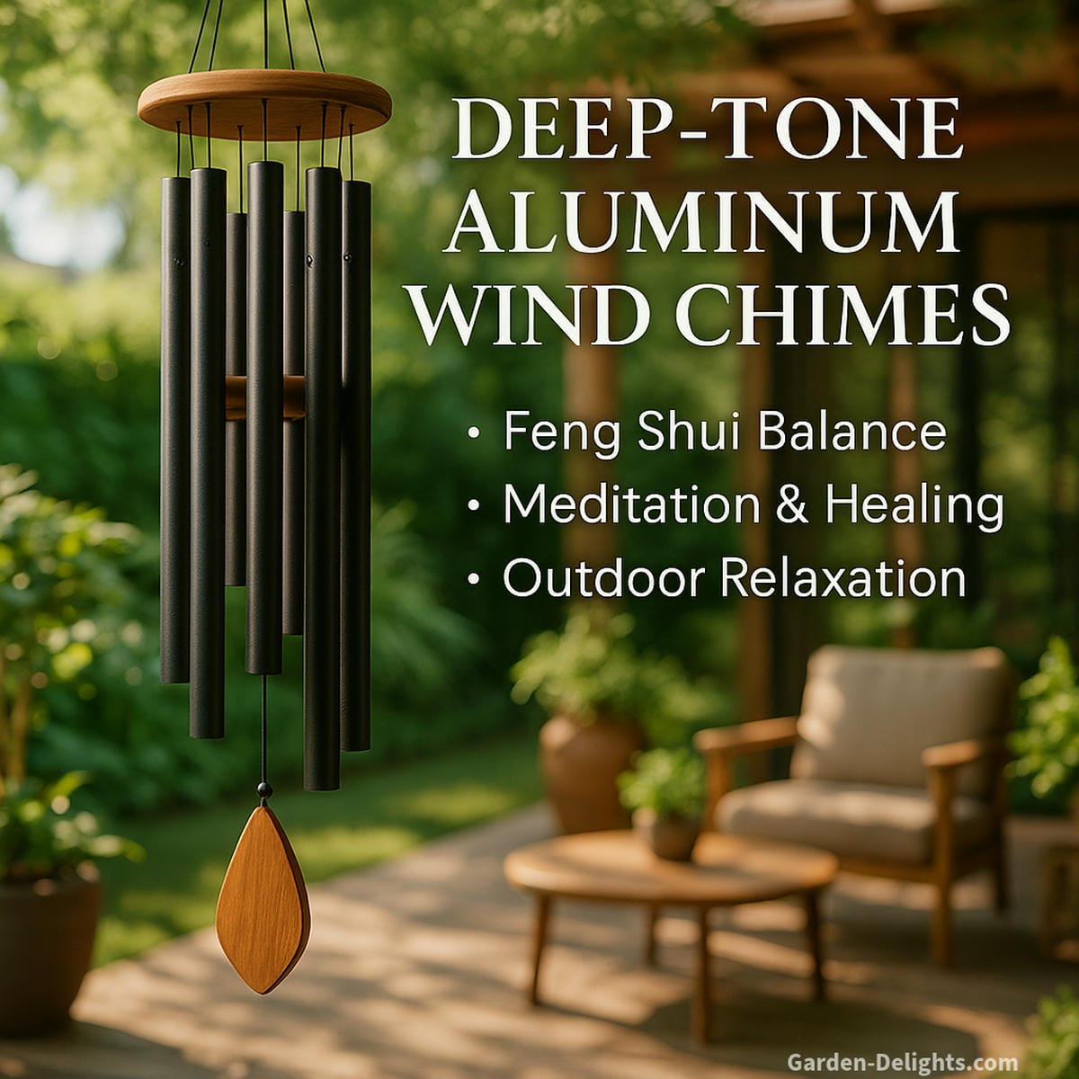 Deep-tone aluminum wind chimes hanging in a peaceful Feng Shui garden retreat surrounded by greenery, light, and a calming meditation space