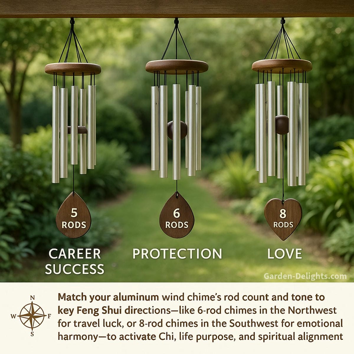 Three aluminum wind chimes hung in a Feng Shui-aligned garden, each symbolizing a different Bagua direction and rod count for energy healing, clarity, and prosperity