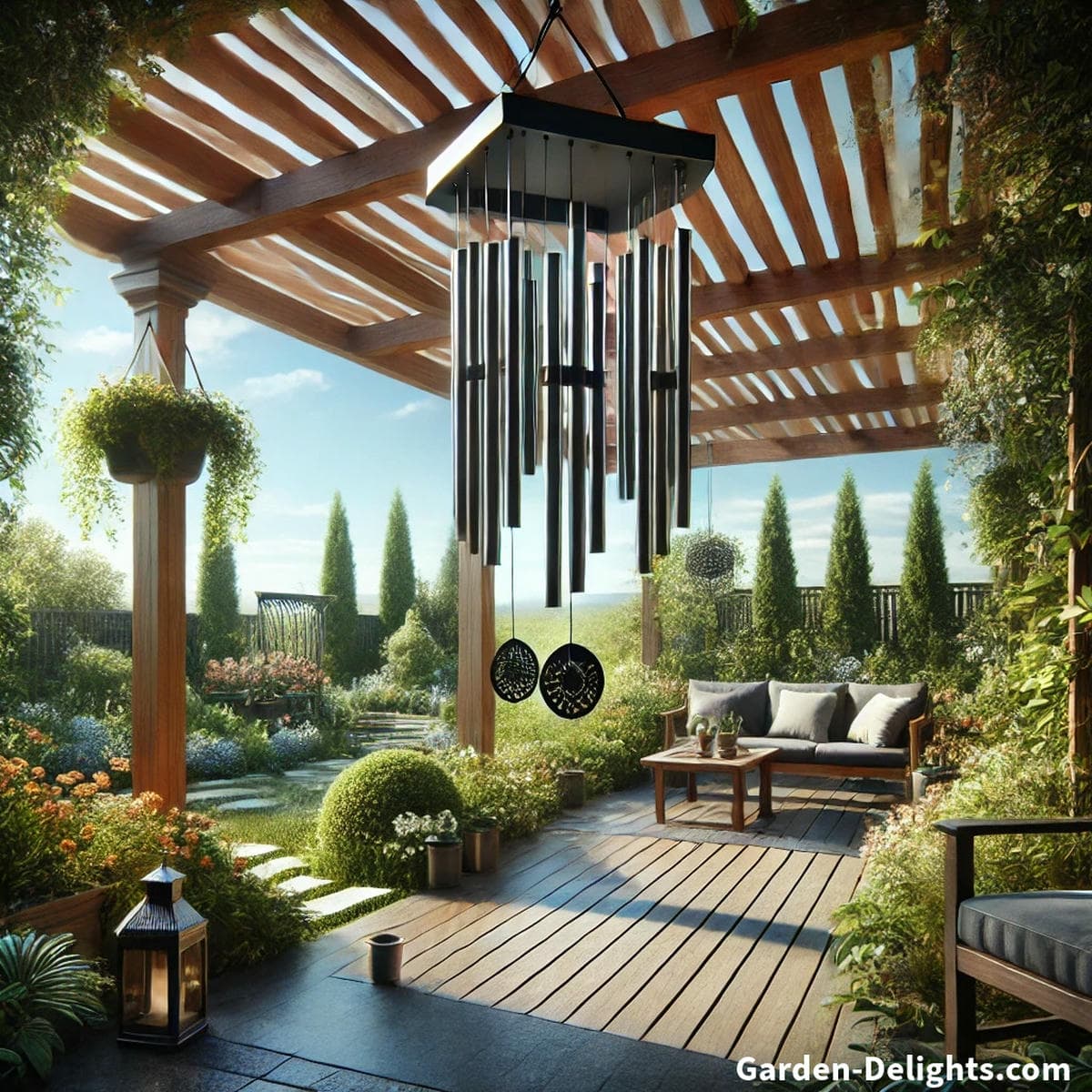 Aluminum wind chimes symbolizing peace and balance, hanging in a sunlit garden patio designed for Feng Shui harmony and relaxation