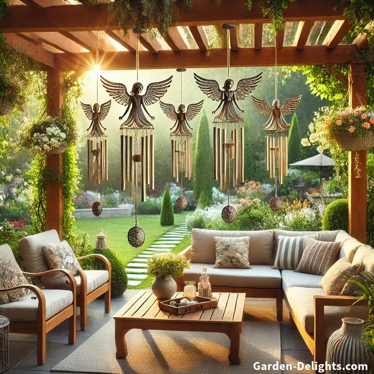Angel wind chimes gently swaying in a peaceful garden patio, surrounded by flowers, soft sunlight, and spiritual serenity ideal for remembrance and emotional healing.